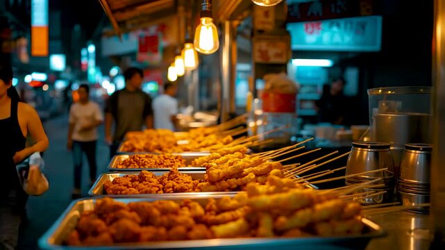 Busy night street food stall displaying rows of freshly fried snacks under warm market lights in lively urban setting