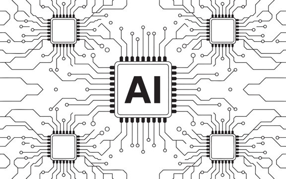 Repeating pattern of AI microchips and circuit board connections on a white background