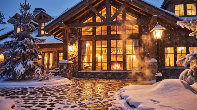 Cozy winter inn with glowing windows surrounded by snow-laden evergreen trees