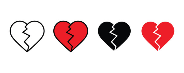 Broken heart and divorce icon set. Sadness symbol for relationship breakup, heartbreak emotion, and medical cardiology health design. Vector Illustration.