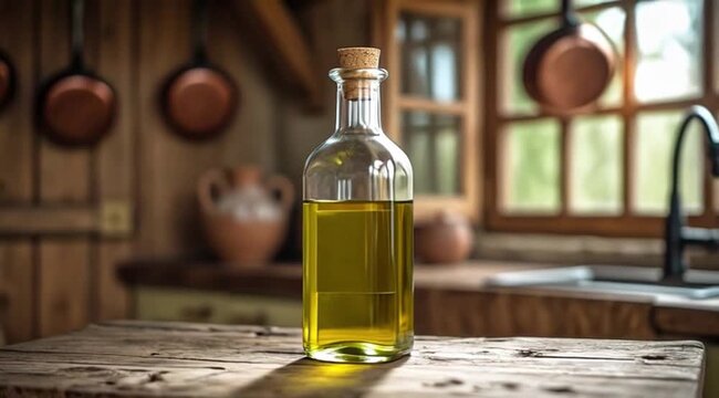 Olive oil bottle on wooden kitchen table with rustic background  