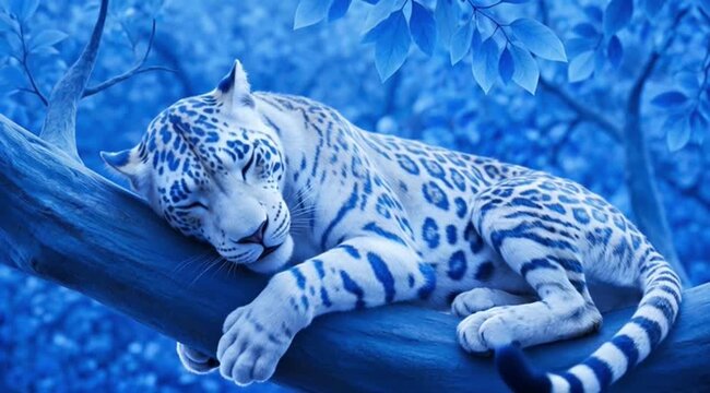 White leopard sleeping on tree branch in blue-toned jungle  
