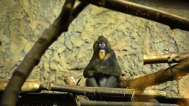 Mandrill monkey close-up portrait showing vivid colorful face, detailed fur texture and expressive eyes looking at camera in natural habitat wildlife primate animal footage