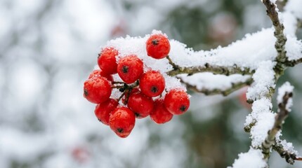Vibrant Red Berries Covered in Snow on a Branch