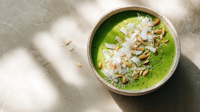 Gourmet matcha bowl image with plantbased ingredients and glutenfree concept.