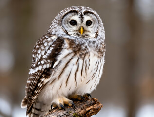 Fototapeta premium Majestic Small Barred Owl with Intense Dark Eyes Perched on a Rustic Branch, Symbolizing Wildlife Beauty, Nocturnal Wisdom, and Natural Serenity.