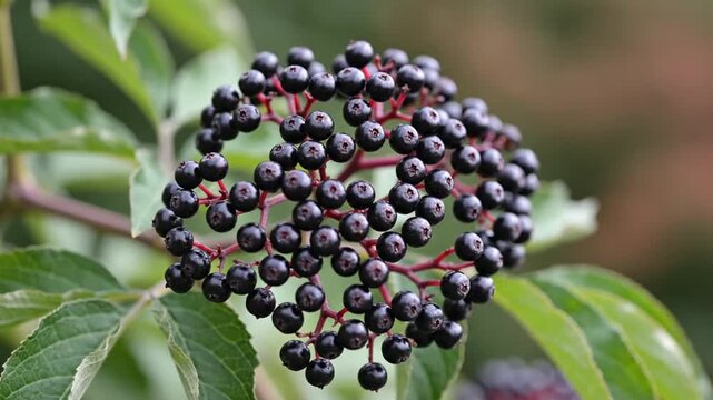 Fresh ripe black elderberries growing on bush outdoors