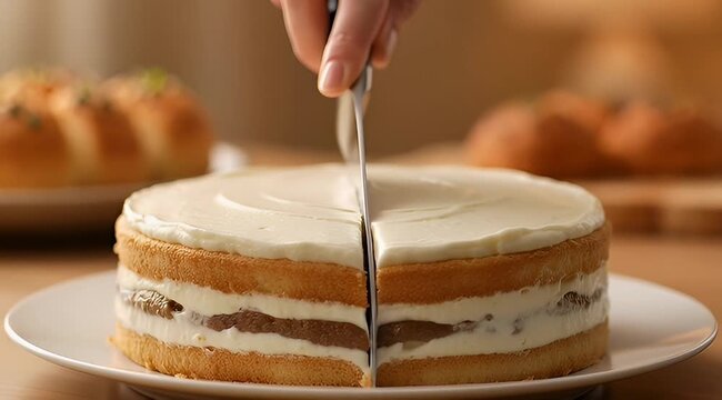 Closeup shot of a hand using a knife to cut a delicious layer cake