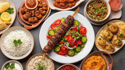 Abundant Mediterranean Mezze Platter Featuring Skewered Kebabs, Hummus, Salads, and Rice, a Vibrant Feast of Middle Eastern Delights