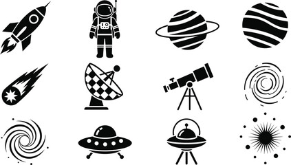 Collection of space exploration icons with astronaut, rocket, planets, and UFO silhouettes isolated on white background for astronomy and science fiction design. © LITON WORLD