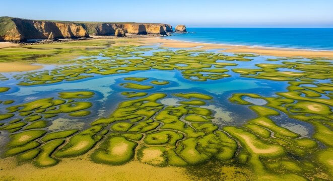 Vista a&eacute;rea de algas verdes en una playa de Pen&Igrave;nsula de Vald&Egrave;s con un hombre y su sombra.
 Argentina, Sudam&eacute;rica.
