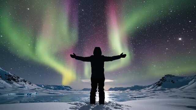 Silhouette admiring vibrant Aurora Borealis over snowy landscape. Person with outstretched arms under starry night sky.