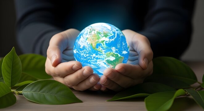 Concepto del D&iacute;a Mundial de la Tierra.
 Energ&iacute;a Verde, Recursos Renovables y Sostenibles.
 Cuidado Ambiental y Ecolog&iacute;a.
 Mano abrazando hoja verde y globo hecho a mano