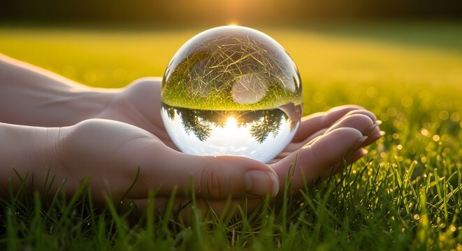 D&iacute;a de la Tierra. Mano que sostiene el globo terr&aacute;queo de cristal.
 D&iacute;a del medio ambiente, salvar el planeta limpio, concepto de ecolog&iacute;a. Las empresas verdes basadas en energ&iacute;as renovables pueden li