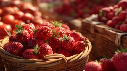 Basket of Ripe Strawberries: A close-up shot of a basket overflowing with fresh, vibrant strawberries, evoking a sense of summer bounty and culinary delight.