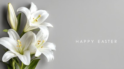 Elegant white Easter lilies with "Happy Easter" text on a soft gray background © Jayk