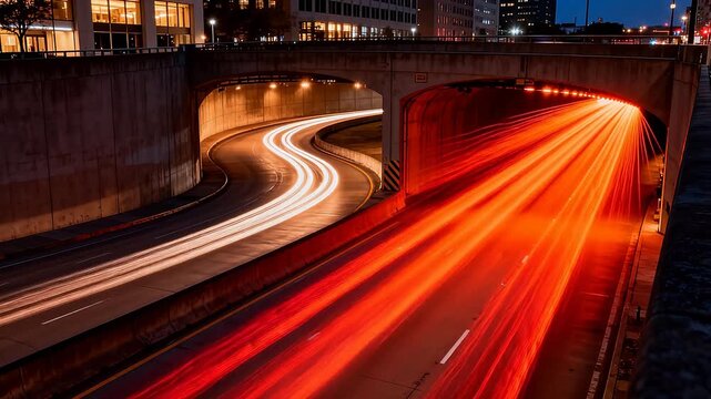 Night city highway with long exposure traffic light trails under overpass