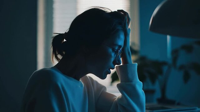 Person wearing blue-light blocking glasses adjusting a circadian desk lamp in a minimalist home office with soft diffused light creating a serene atmosphere and ample negative space for text.
