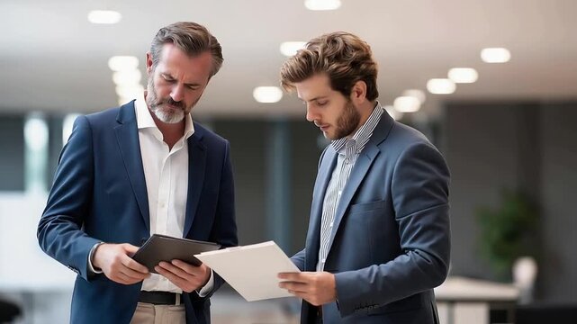 Two factory managers discussing contract terms while examining product samples in a well-lit showroom emphasizing collaboration and professionalism in B2B negotiations.