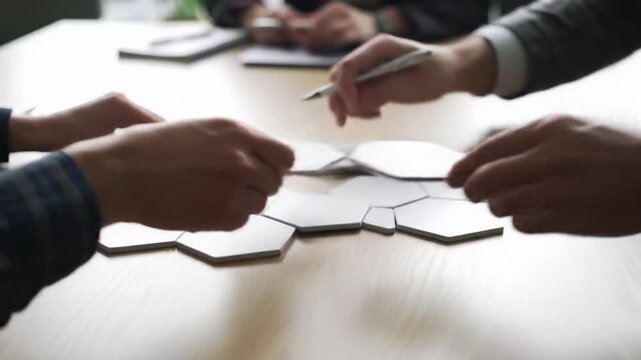 Diverse adult hands in business-casual attire assemble white geometric puzzles on a sleek conference table, office background, cinematic videos. concept of collaborative problem-solving