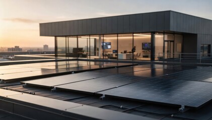 Obraz premium Medium shot of solar panels integrated into a broadcast facilitys new build rooftop with LEDlit interior spaces subtly out of focus beyond.