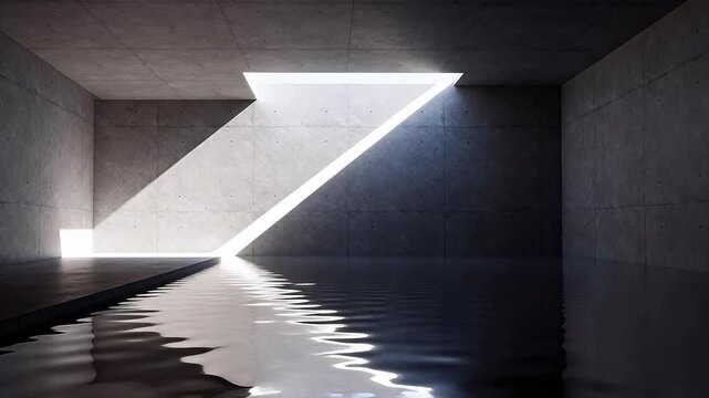 Modern concrete interior architecture with geometric skylight and water reflection