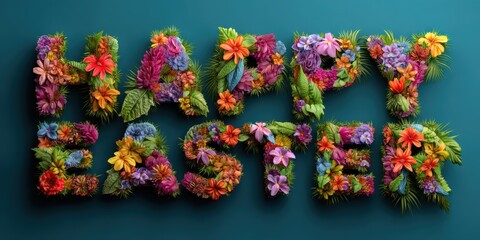 Happy Easter greeting spelled out with vibrant, colorful flowers and lush green foliage