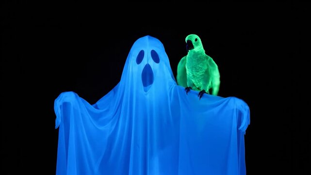A luminescent parrot sits upon a draped figure, resembling a ghost, against a dark background