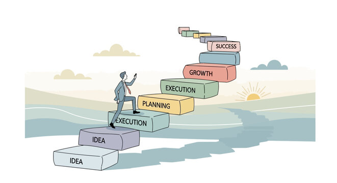 Businessman Standing on Blocks with Business Terms.