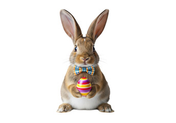 Fototapeta premium Easter day bunny holding colorful eggs isolated on transparent background