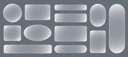 Transparent glass buttons, glass border shapes. Light glass box frame with neon effect for square ux icon. Glitch abstract background glossy border technology ui shape design