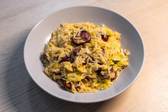Creamy orzo with chorizo and leek.