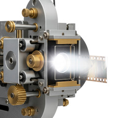 Vintage movie projector showing film strip light beam