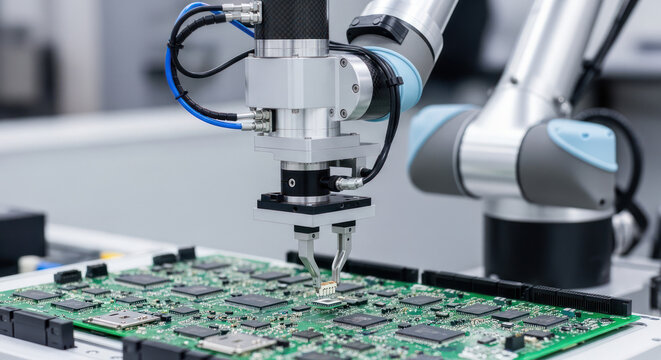 Robot Arm Assembling Electronic Circuit Board.