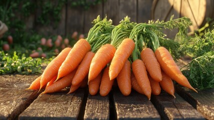 Fresh Organic Carrots with Green Tops on Rustic Wooden Table organic vegetables garden harvest vegan