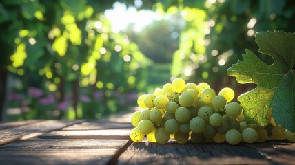 Golden Grapes on Wooden Table in Sunny Vineyard grapes vineyard sunny green grapes bunch of grapes