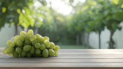 Fresh Green Grapes Bunch on Wooden Table in Sunny Vineyard vineyard green grapes bunch of grapes pet