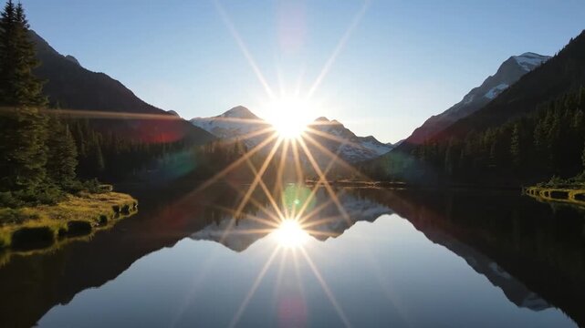 Golden sunburst reflects in tranquil mountain lake surrounded by trees