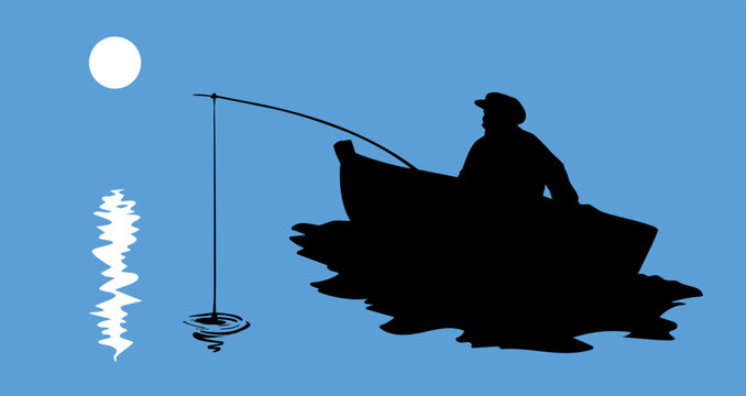 Vector drawing. Fisherman in the boat