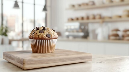 Delicious Chocolate Chip Muffin on Wooden Board muffin delicious chocolate chip baking bakery pastry