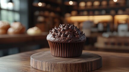 Delicious Chocolate Chip Muffin on Wooden Board in Bakery Setting muffin bakery delicious dessert