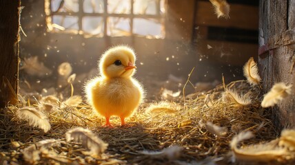 Cute Fluffy Baby Chick in Sunny Barn with Feathers and Golden Light chick fluffy cute barn feathers