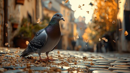 City Pigeon on Cobblestone Street with Flying Food Particles pigeon street food particles flying pet