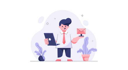 A person in a shirt and tie holds a laptop and an envelope