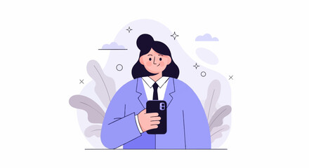 A woman in a suit holds a smartphone, with abstract shapes and stars in the background
