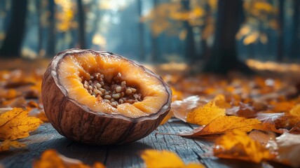 Unique Fantasy Fruit on Autumn Forest Floor autumn forest unique fantasy fruit unusual fall leaves