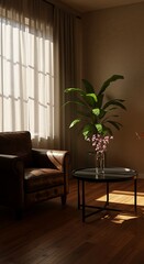 Fototapeta premium Leather armchair and coffee table with plant and flowers in vase on wooden floor by window with curtains interior