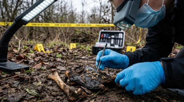 Forensic Entomologist Examines Insect Evidence at Outdoor Scene