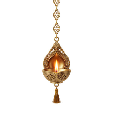 Golden hanging diya with flame on ornate chain for festivals
