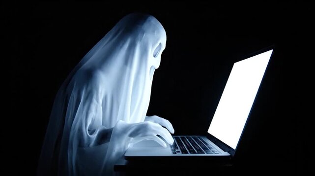 A person in a sheet costume types on a laptop with glowing screen, in the dark